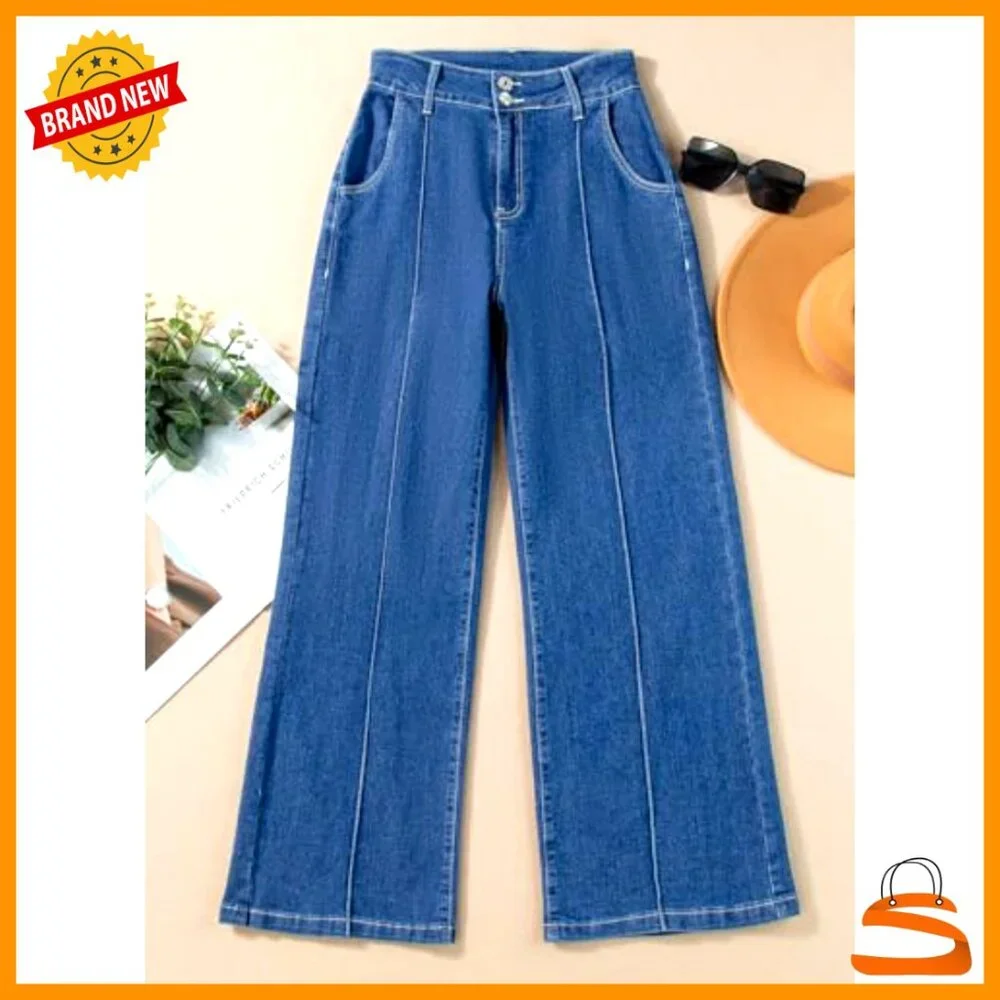 High Waisted Wide Leg Stretch Denim Jeans Casual Baggy Fit Pants - Picture 5 of 7